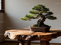 Aged bonsai tree on natural wood table in soft light