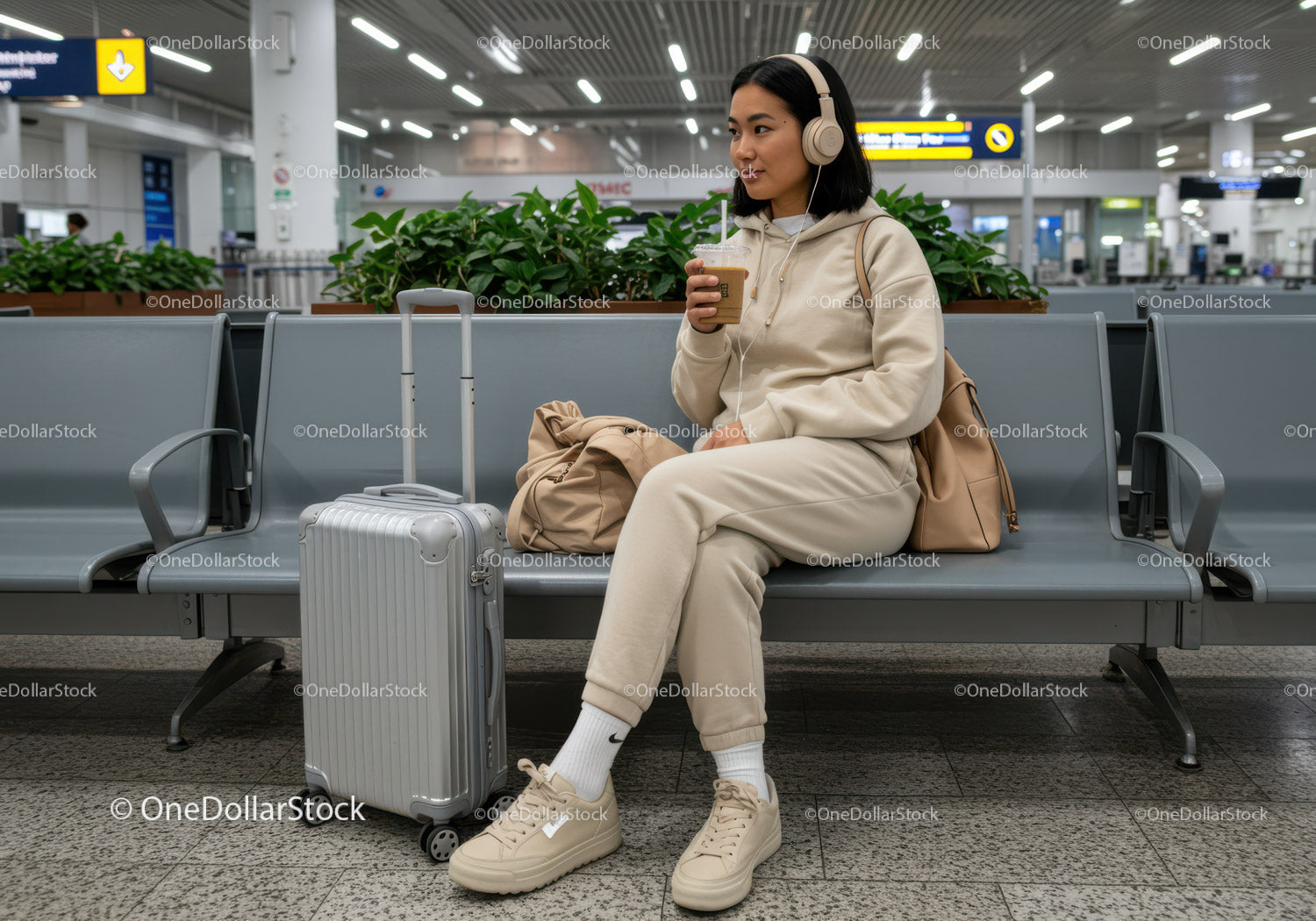 Young Woman Sitting with Suitcase and Coffee in Airport Terminal