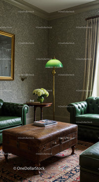 Classic living room with green leather sofas and vintage lamp