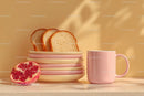 Fresh Pomegranate Half and Sliced Bread with Pink Mug in Breakfast Setting