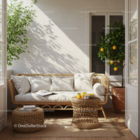 Cozy rattan sofa with orange tree on bright balcony