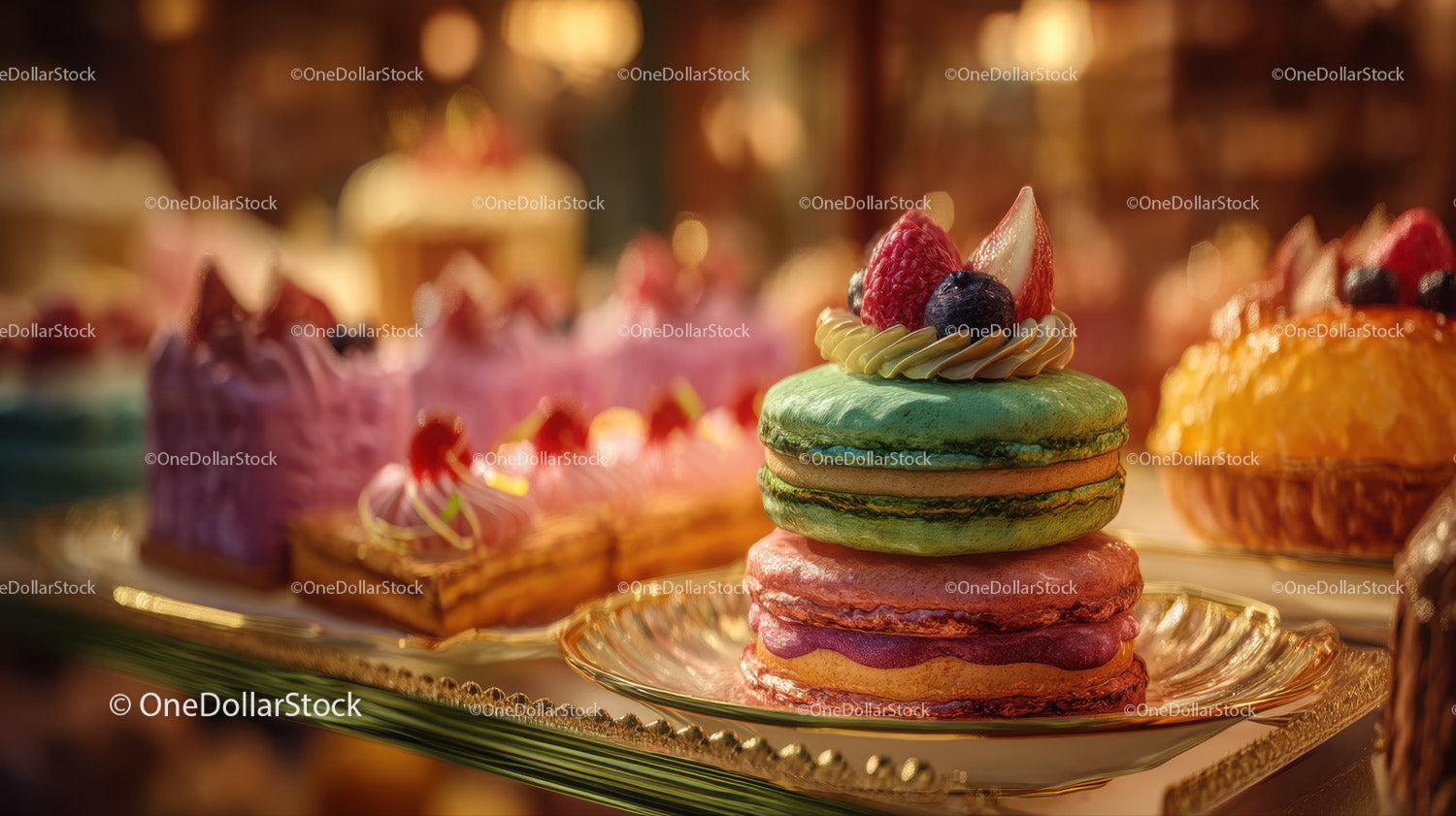 Colorful Macarons Displayed on Gold Serving Plate with Fresh Berries