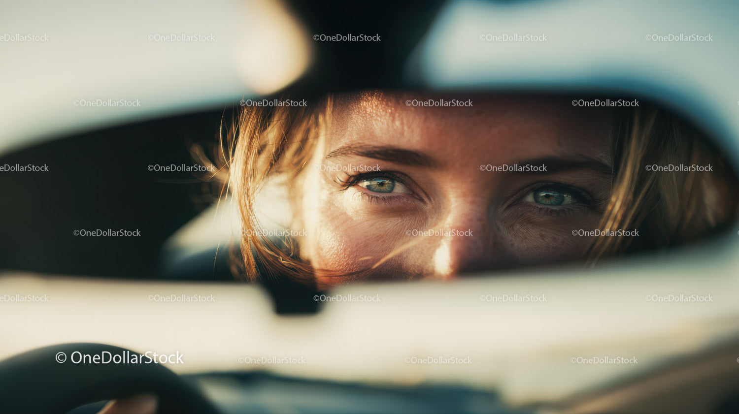 Close-up of Woman with Blue Eyes Looking Through Car Mirror