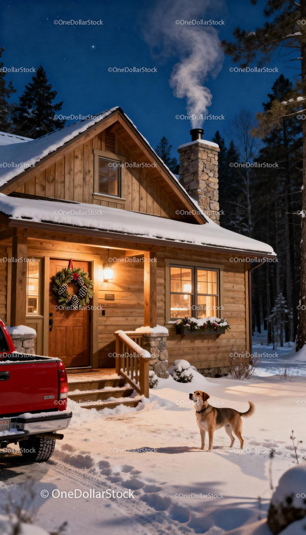 Cozy Winter Cabin with Dog on Snowy Night
