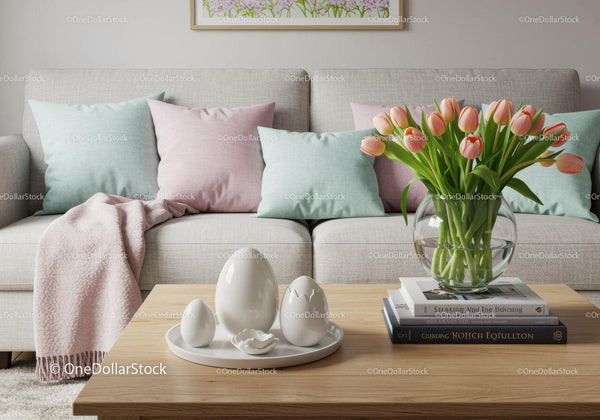 Przytulny salon z pastelowymi poduszkami i bukietem tulipanów