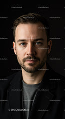 Serious man with beard looking directly at camera