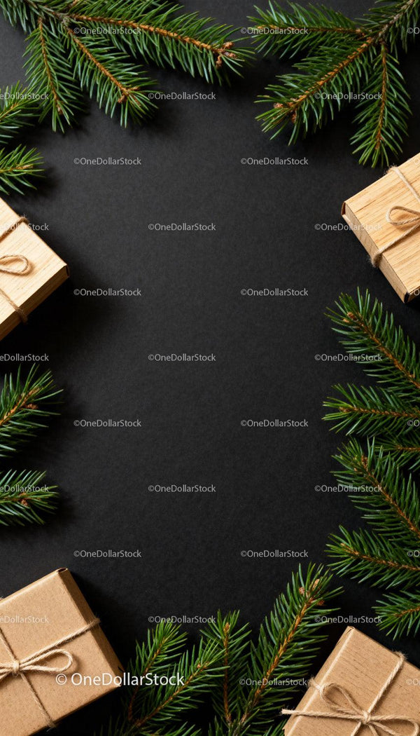 Minimalist Christmas Gifts with Pine Branches on Black