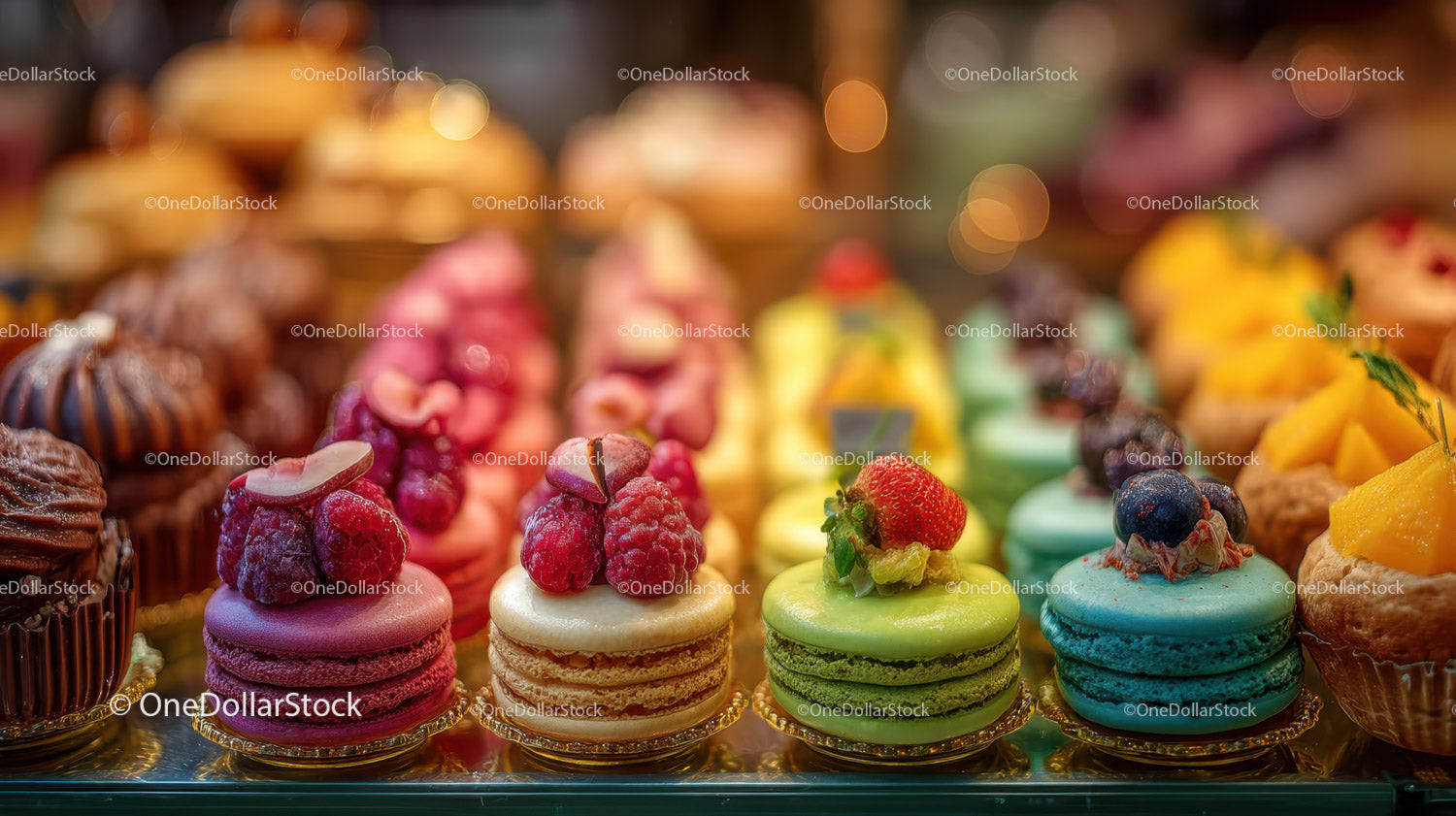 Assorted Colorful Macarons Display with Fruit Toppings in a Bakery