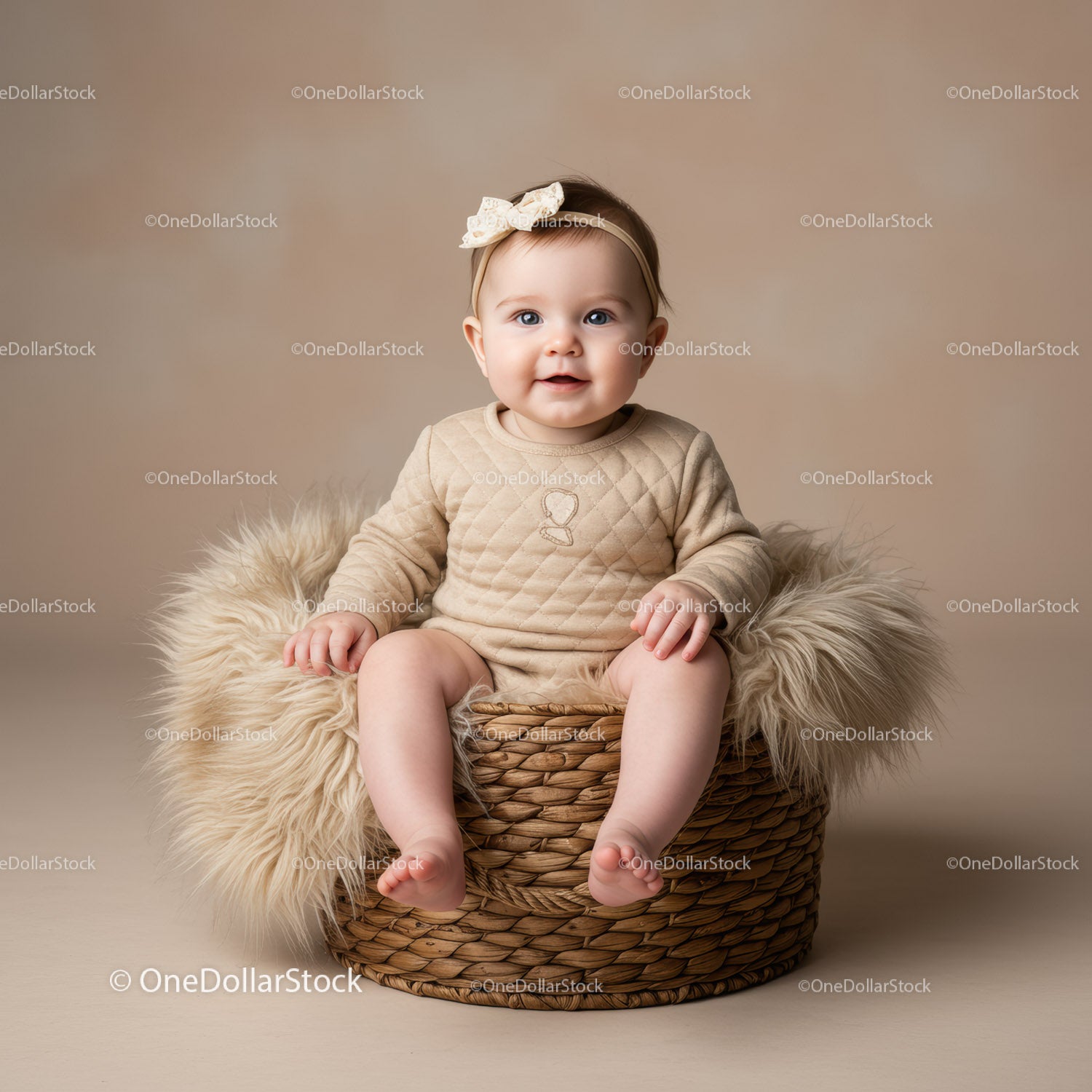 Smiling baby girl sitting in a cozy woven basket