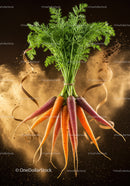Fresh multicolor carrots with green tops and soil dust