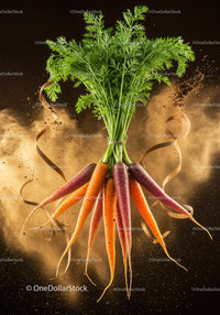 Fresh multicolor carrots with green tops and soil dust