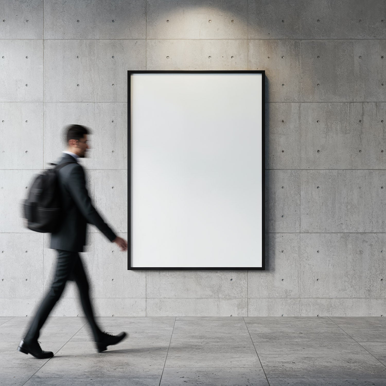 Businessman walking past blank poster on concrete wall
