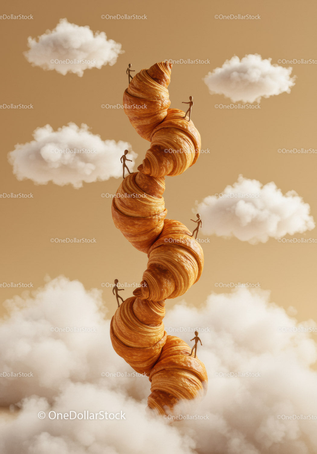 Surreal scene of tiny figures climbing stacked croissants in clouds