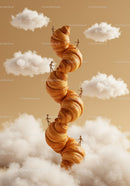 Surreal scene of tiny figures climbing stacked croissants in clouds