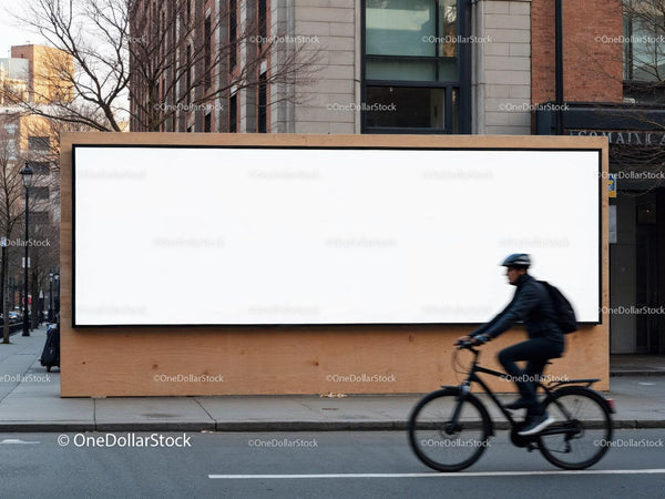 Rowerzysta na ulicy mija dużą pustą billboard
