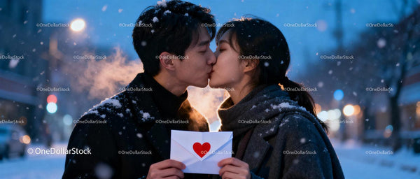 Couple Sharing a Kiss with Love Letter in Snowy Evening