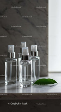 Minimalist spray bottles with green leaves on marble