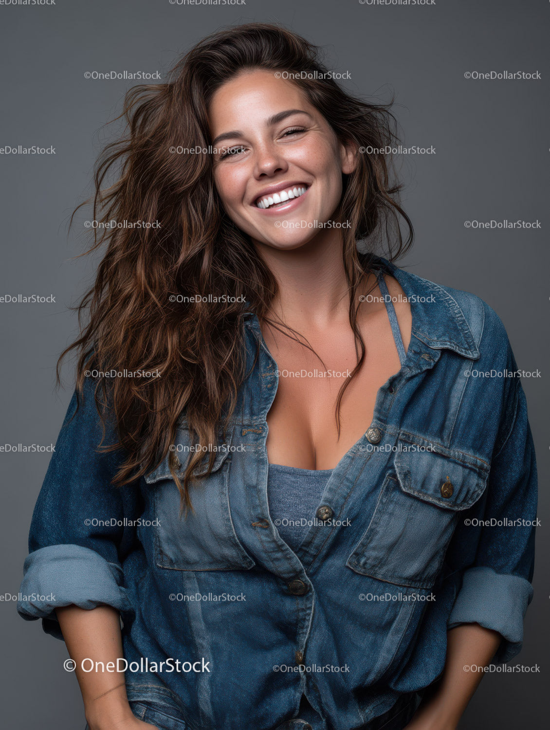 Joyful Woman Wearing Denim Jacket with Bright Smile
