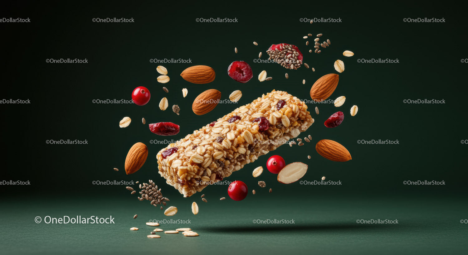 Baton energetyczny Granola w otoczeniu orzechów i jagód