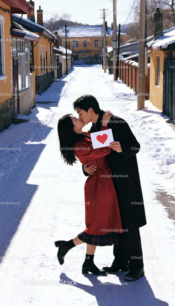Romantic winter kiss holding heart card outdoors