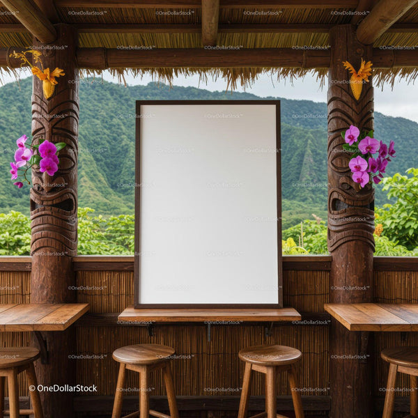 Empty wooden bar with tropical mountain view and orchids JPG Mockup Image