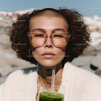 Fashionable Woman with Curly Hair and Green Smoothie Outdoors