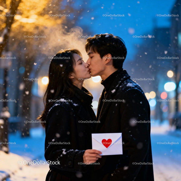 Couple Sharing a Romantic Winter Kiss with Love Letter