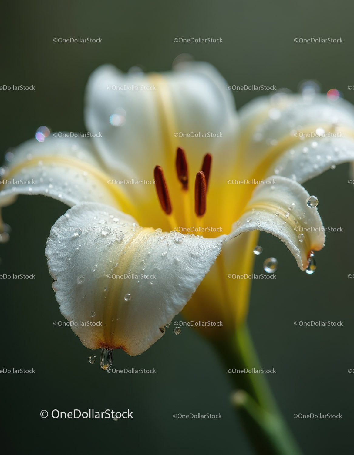 White Lily Flower with Dew Drops and Vibrant Pollen Stamens