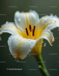 White Lily Flower with Dew Drops and Vibrant Pollen Stamens