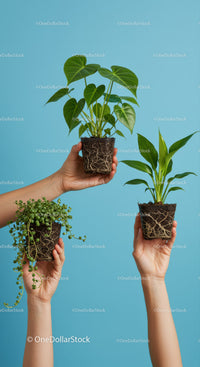 Hands Holding Three Different Healthy Houseplants