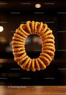 Golden crispy onion rings floating above wooden table