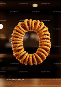 Golden crispy onion rings floating above wooden table