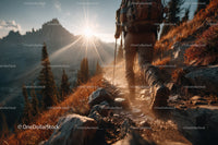 Hiker Trekking on Rugged Mountain Trail with Scenic Landscape