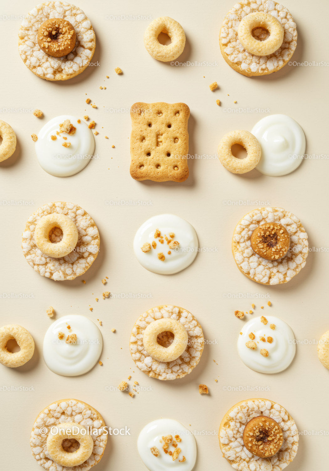 Assorted crunchy crackers and creamy yogurt dollops