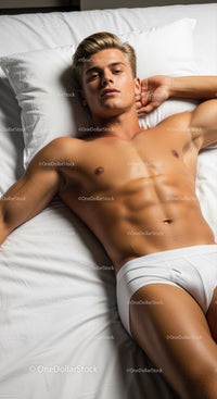 Fit young man relaxing on white bed linens