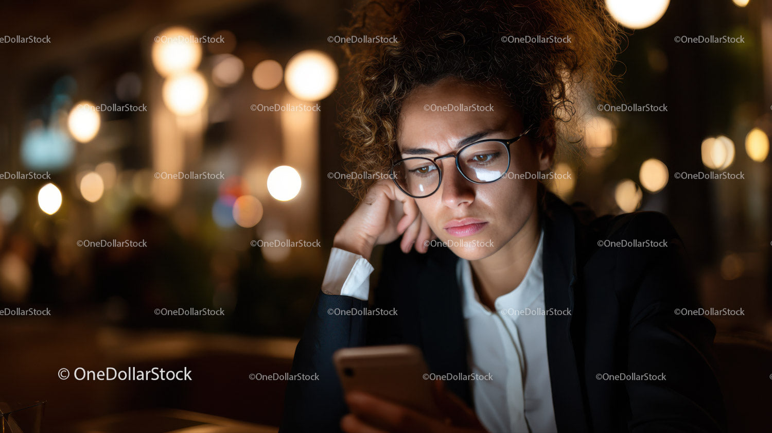Młoda kobieta czytająca na smartfonie w nocnym mieście z efektownymi światłami bokeh