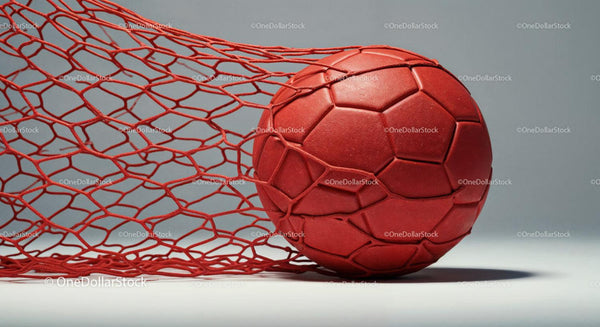 Red Soccer Ball and Goal Net on Smooth Surface in Sports Scene