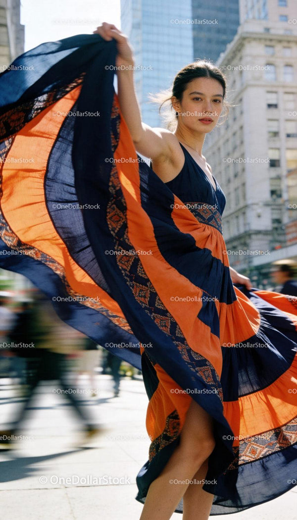 Young woman twirling in vibrant flowing dress outdoors