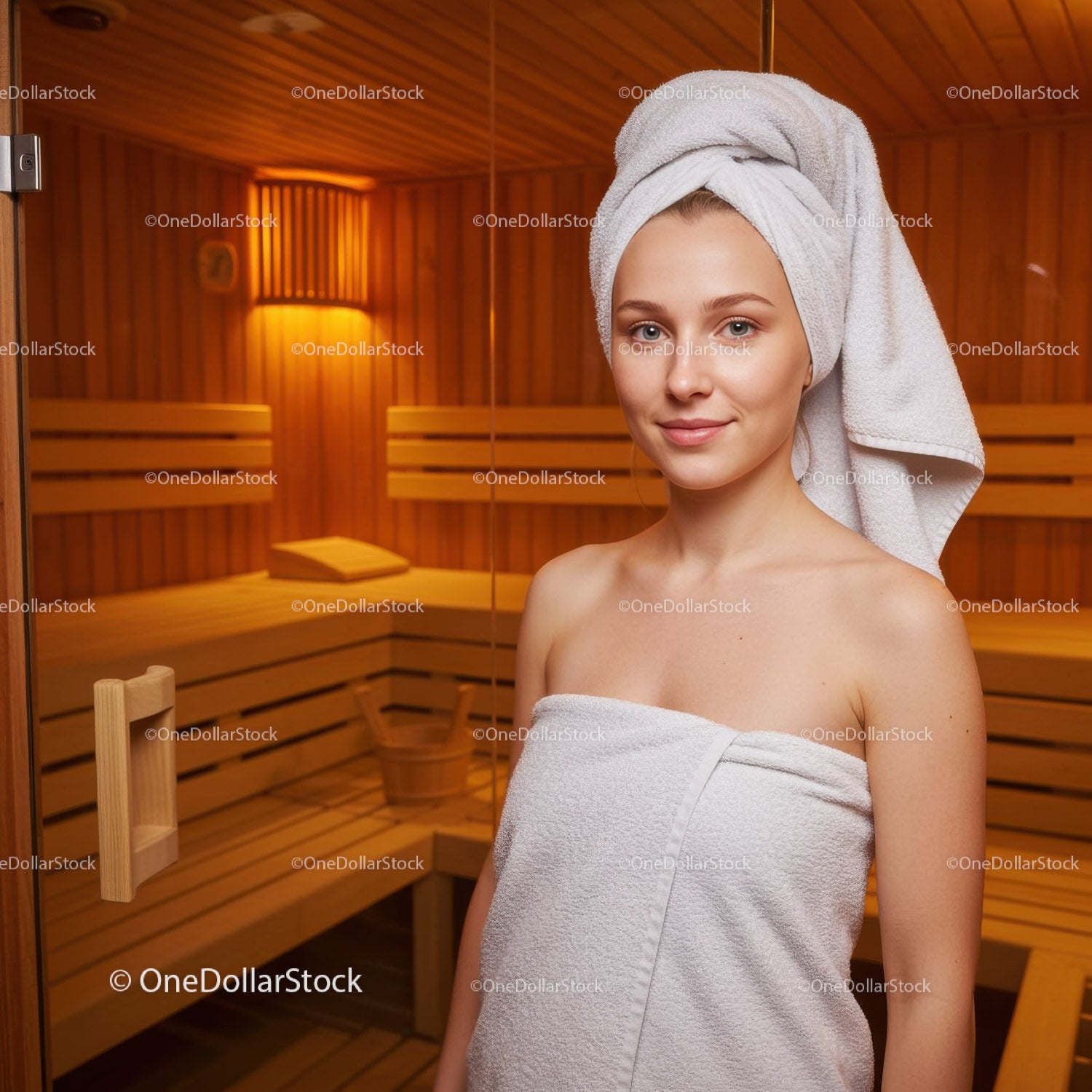 Relaksująca kobieta w ręczniku w przytulnej drewnianej saunie z atmosferą spa