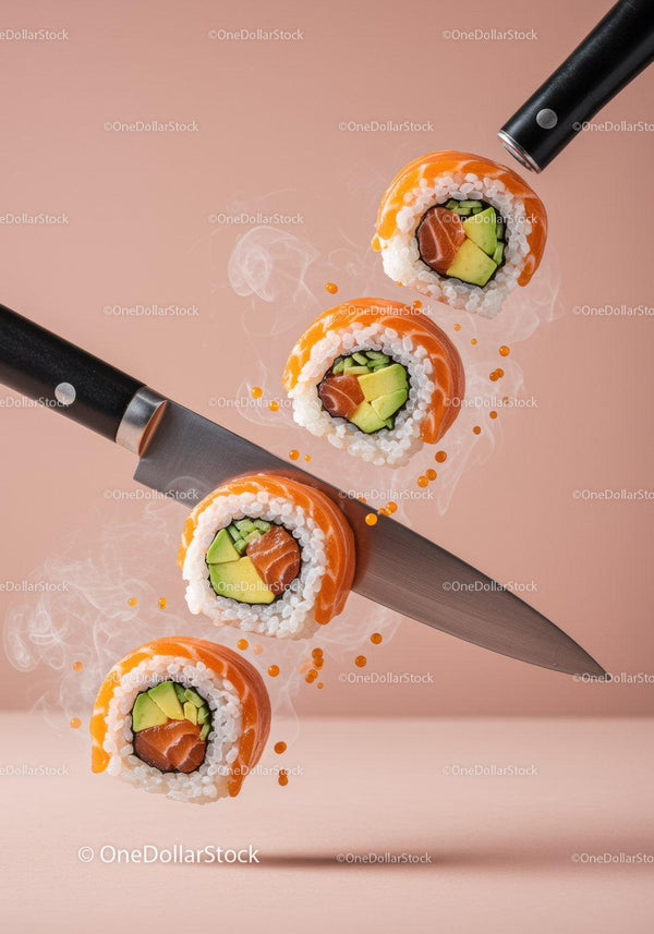 Fresh salmon sushi rolls sliced with sharp chef knife