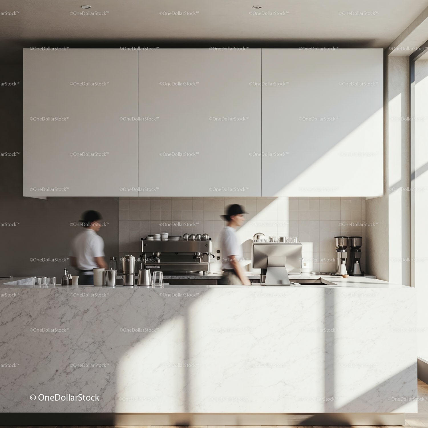 Minimalist cafe interior with baristas at work