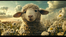 Cute Sheep in a Bright Sunny Meadow with White Flowers