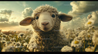 Cute Sheep in a Bright Sunny Meadow with White Flowers