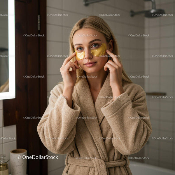 Young woman applying gold eye patches for skincare routine