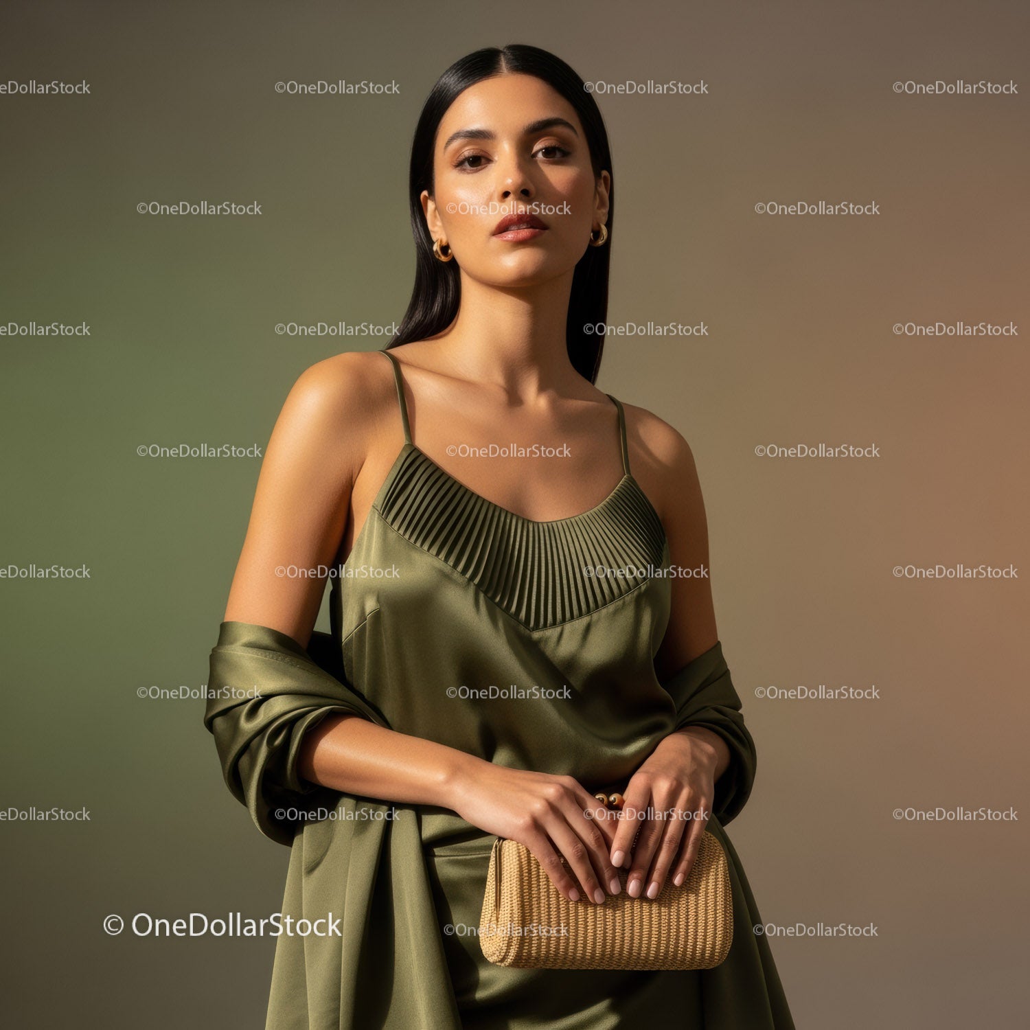 Elegant Woman in Satin Dress with Clutch Bag and Modern Style