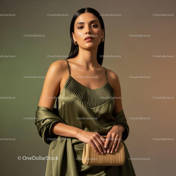Elegant Woman in Satin Dress with Clutch Bag and Modern Style