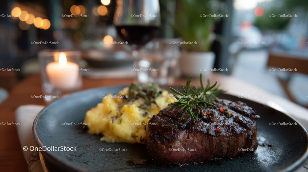 Gourmet Steak with Mashed Potatoes in Cozy Restaurant Setting