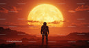 Astronaut Standing on Alien Planet with Large Sun Setting Behind