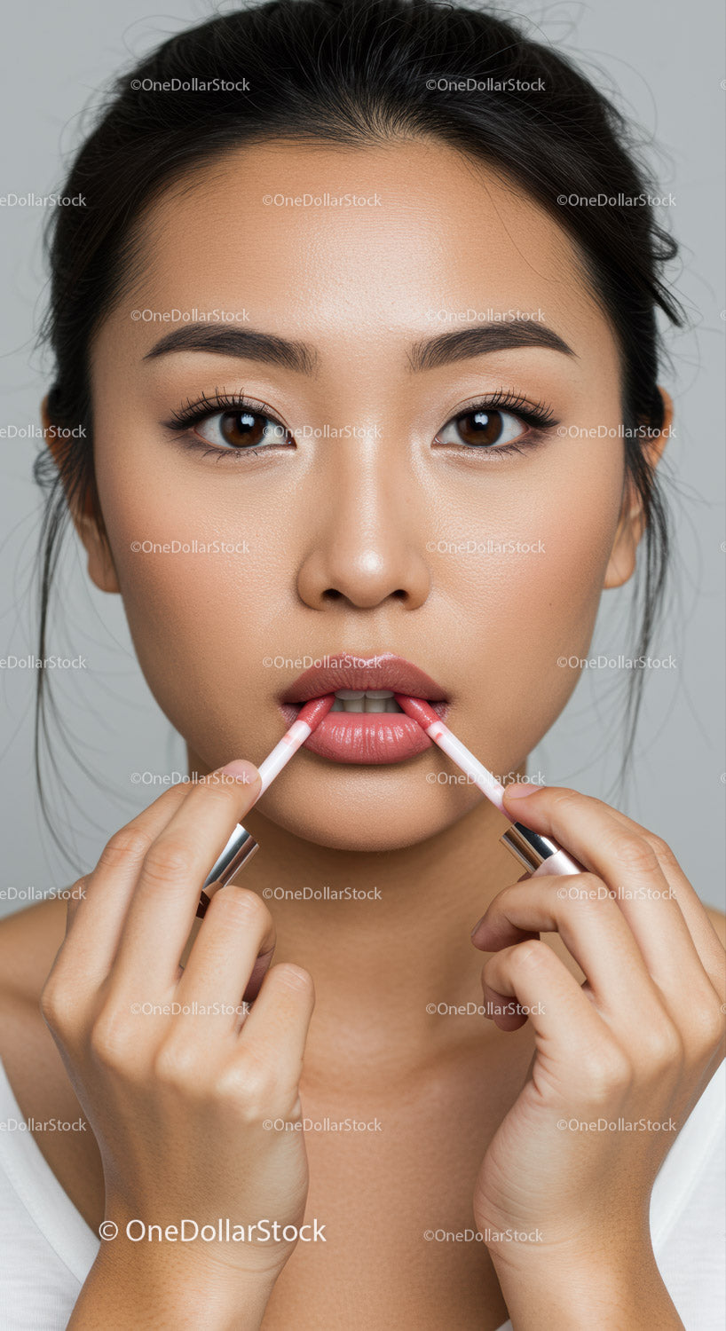 Close-Up of Woman Applying Lip Gloss with Perfect Makeup
