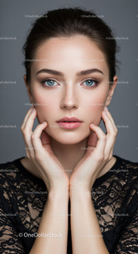 Portrait of a Young Woman with Blue Eyes and Elegant Makeup